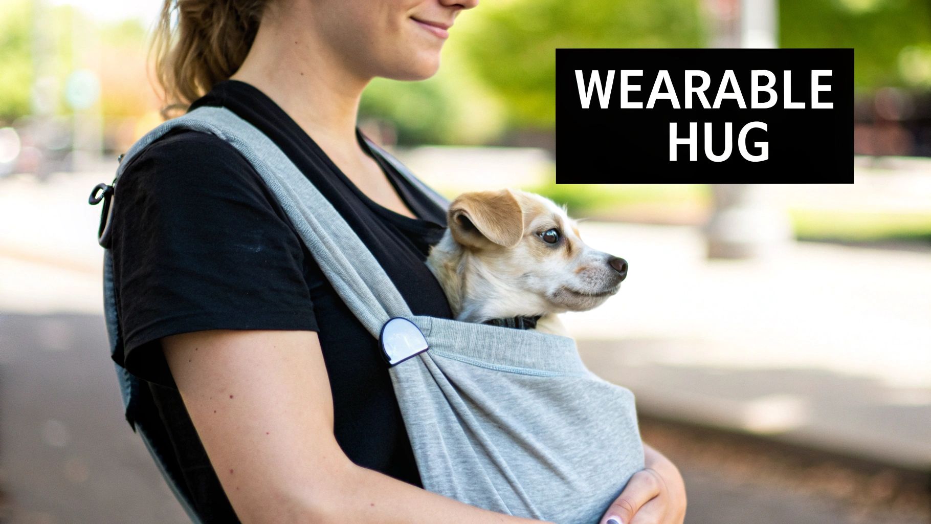 A smiling woman carries a small, light-brown dog comfortably in a grey fabric sling carrier outdoors.