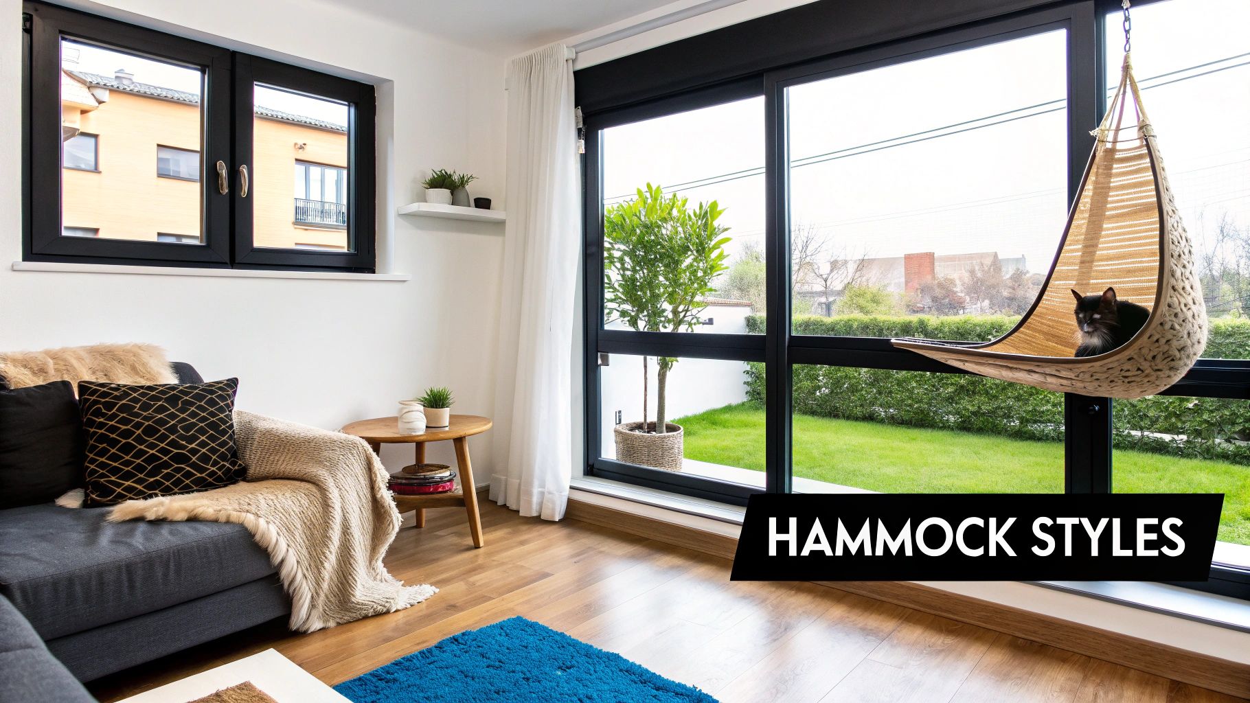 A large cat rests comfortably in a stylish window-mounted cat hammock, looking outside.