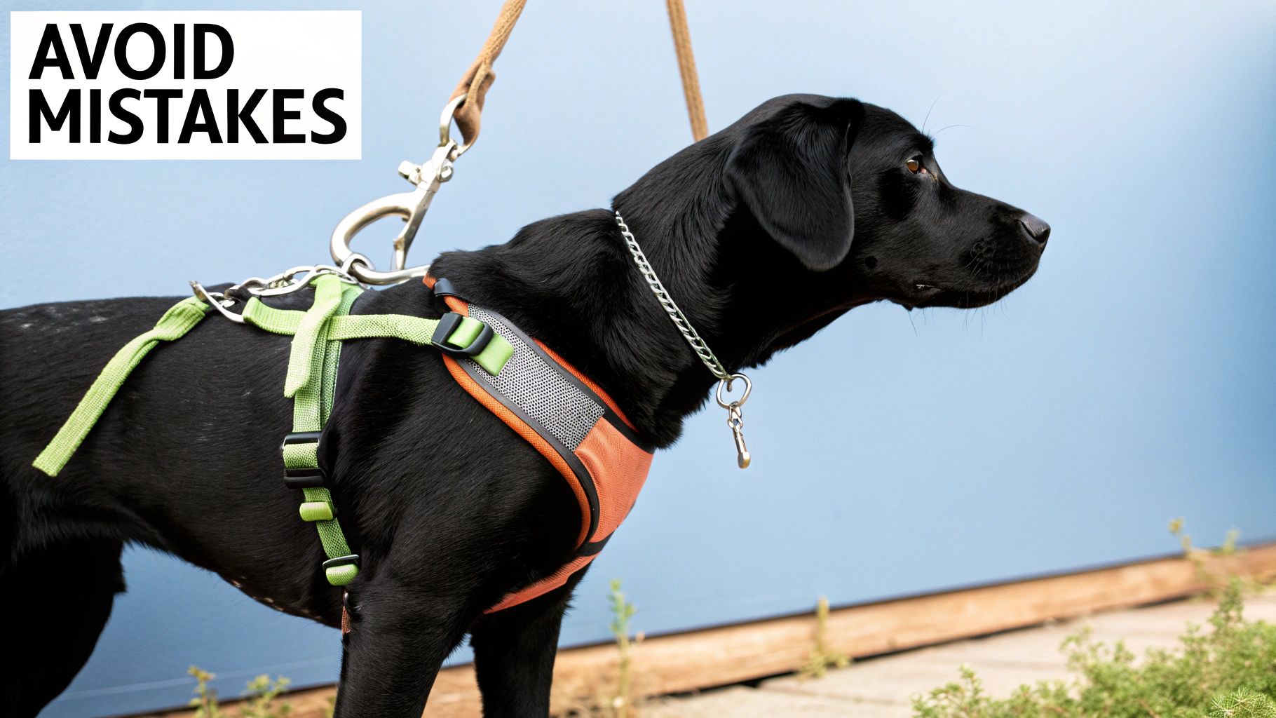 A person pointing at a dog harness sizing chart on a laptop screen.