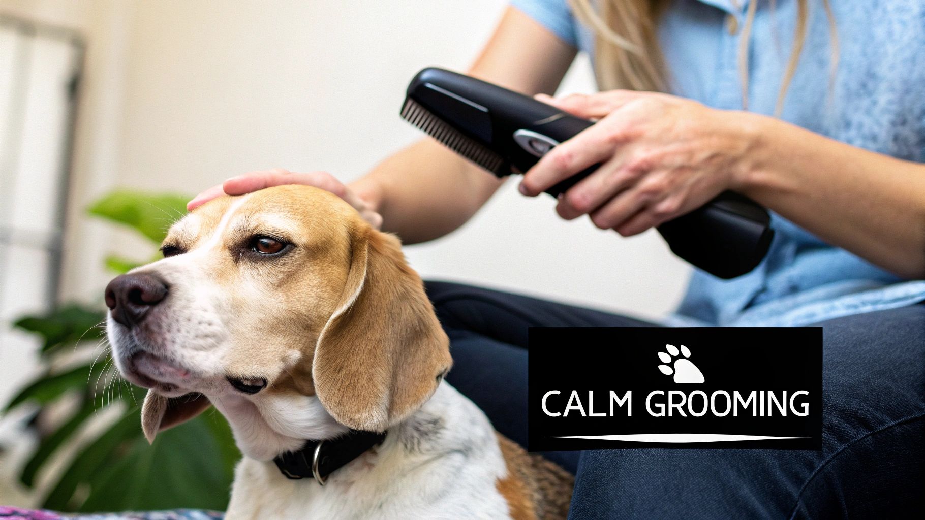 A person gently grooms a calm beagle dog with quiet clippers, promoting peaceful pet care.