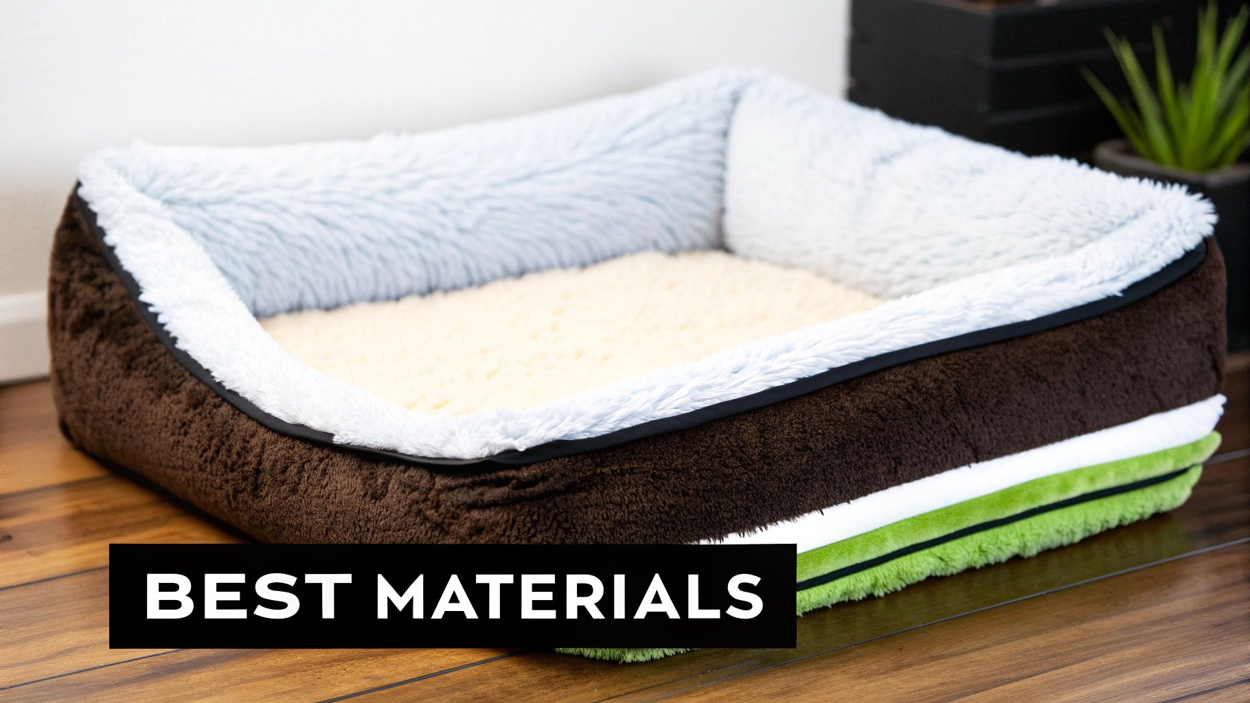 A fluffy brown calming pet bed with a small dog sleeping in it