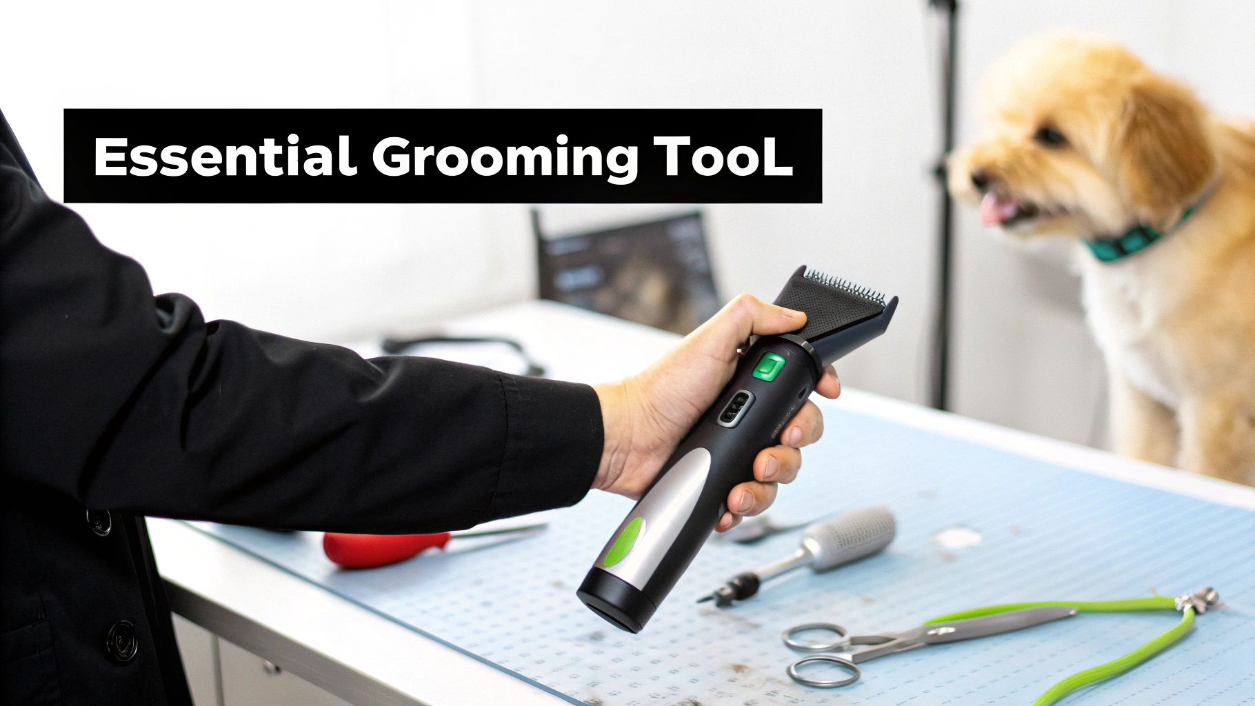 A groomer holds a pet clipper, ready to groom a cute dog on a table.
