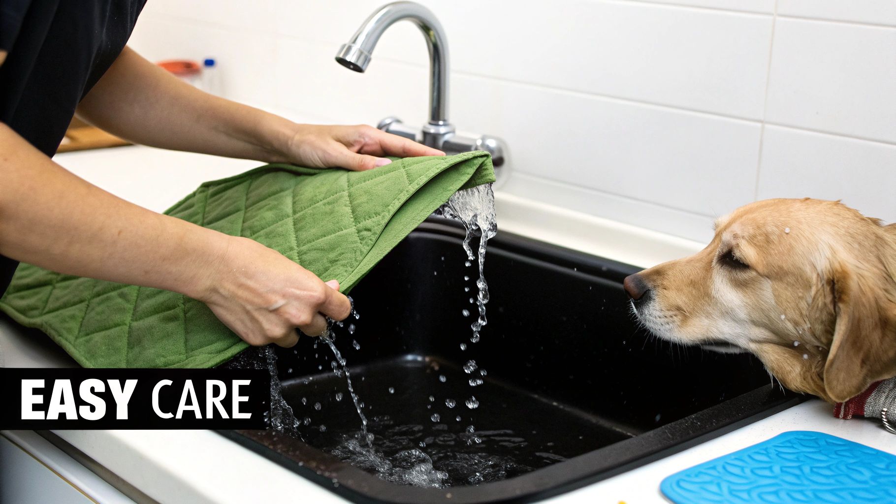 Hands rinse a green quilted pet mat over a sink with water splashing, as a golden retriever watches nearby.
