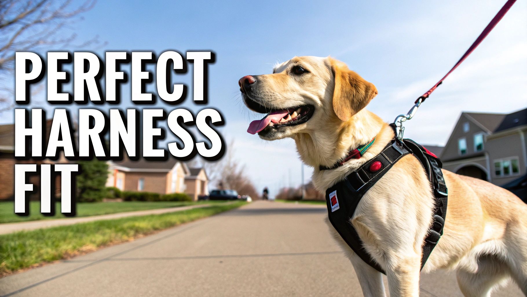 A happy dog wearing a well-fitted Easy Walk harness on a walk in a park.