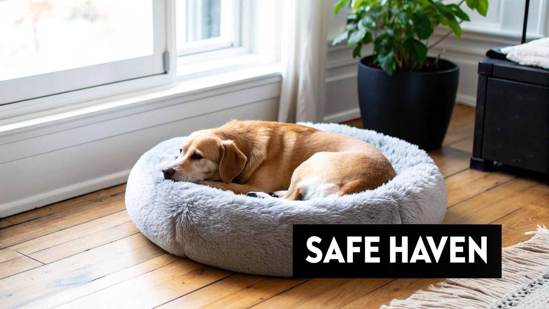 A sleepy golden retriever lies curled in a gray fluffy donut calming dog bed on a wooden floor.