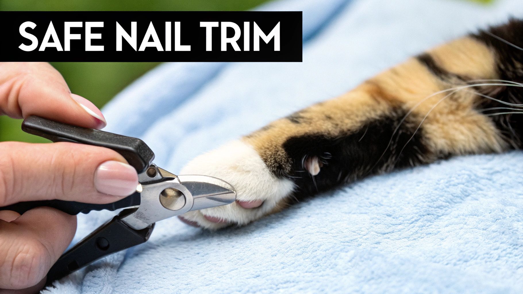 A person carefully trimming a cat's nails with clippers.
