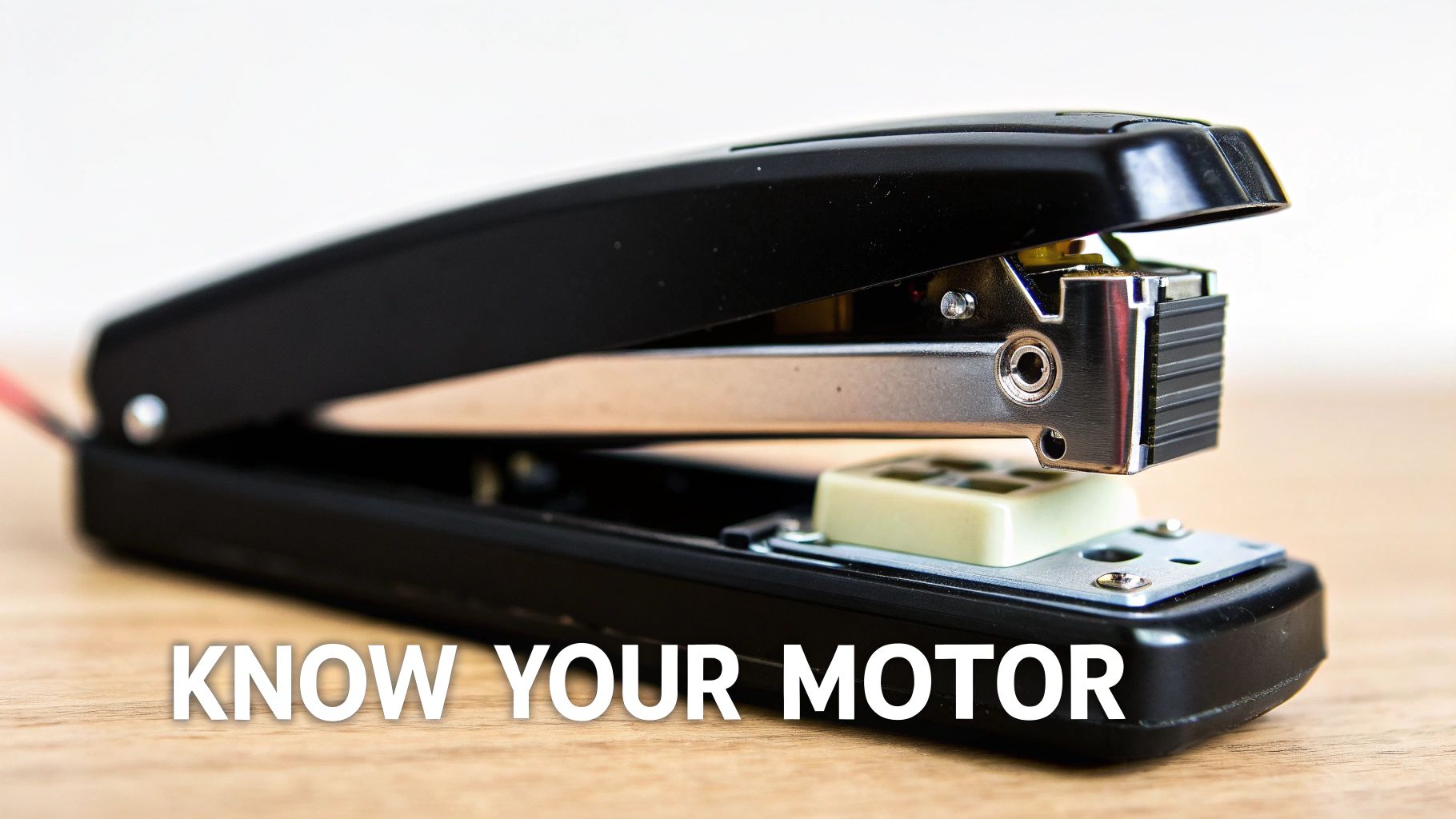 Close-up of a black office stapler on a wooden surface, ready for use.