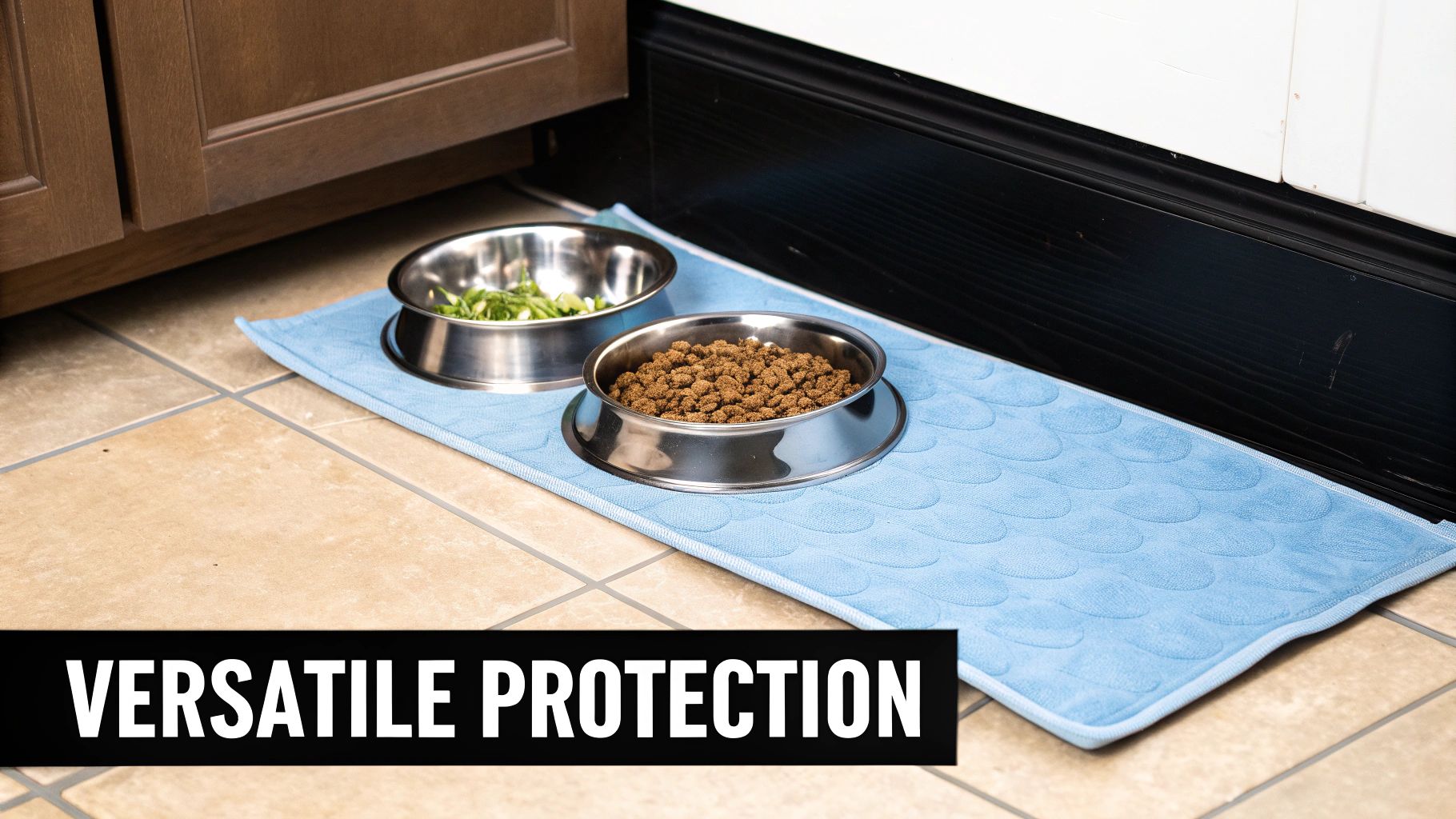 A dog rests comfortably on a reusable pee pad inside its travel crate.