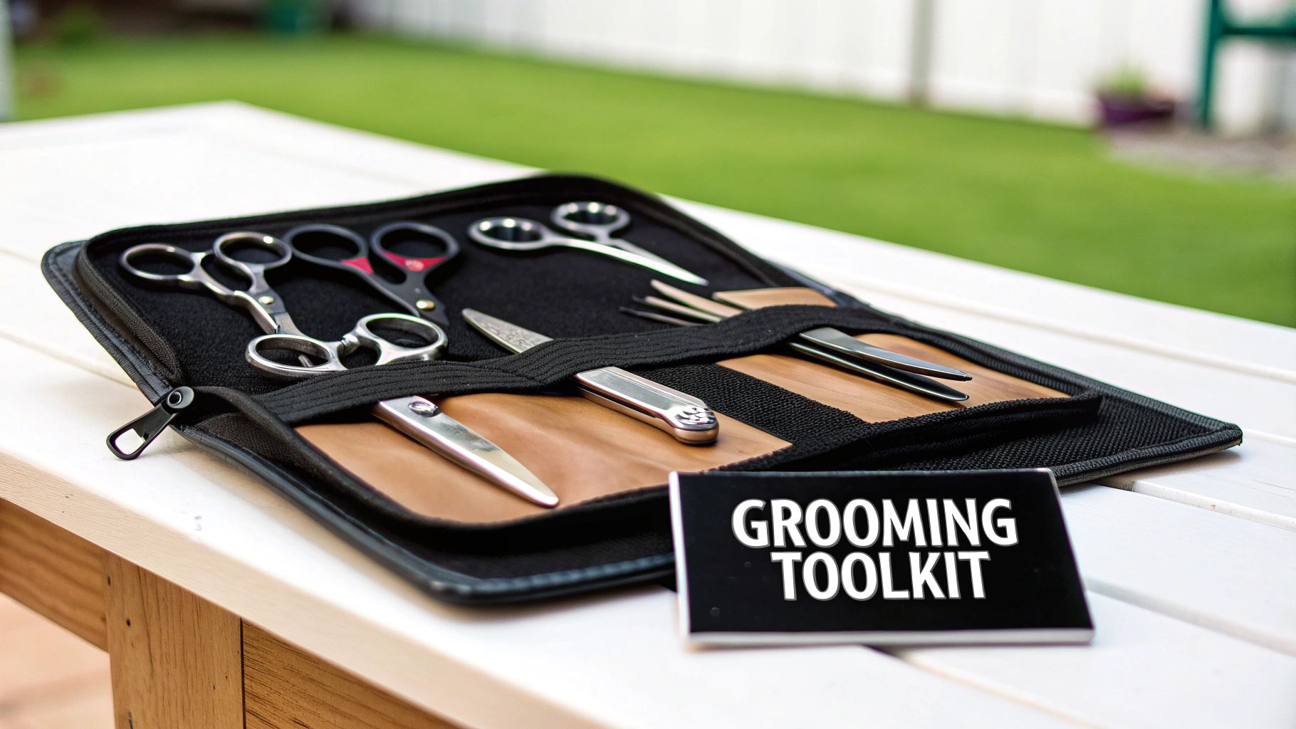 A professional dog grooming shears set neatly arranged on a towel