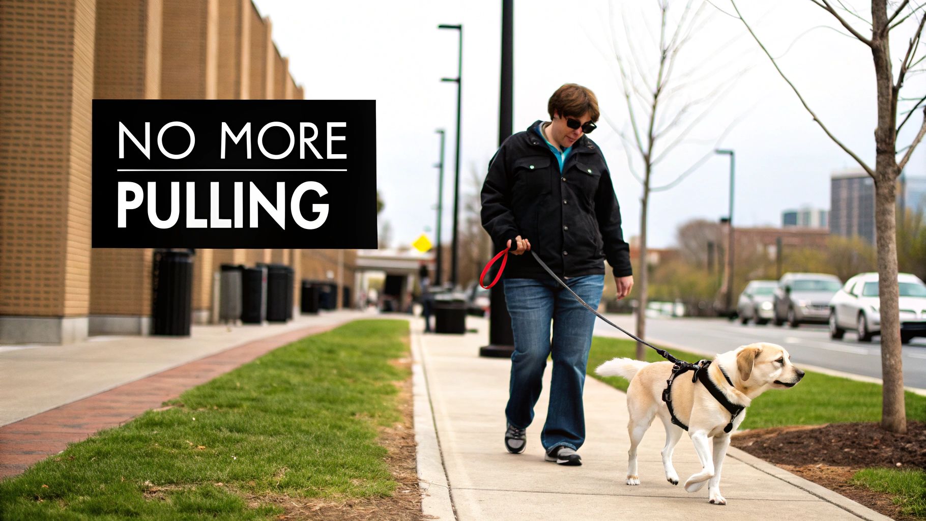 A person walking a golden retriever dog wearing a front-clip harness on a sidewalk, with 'NO MORE PULLING' text.