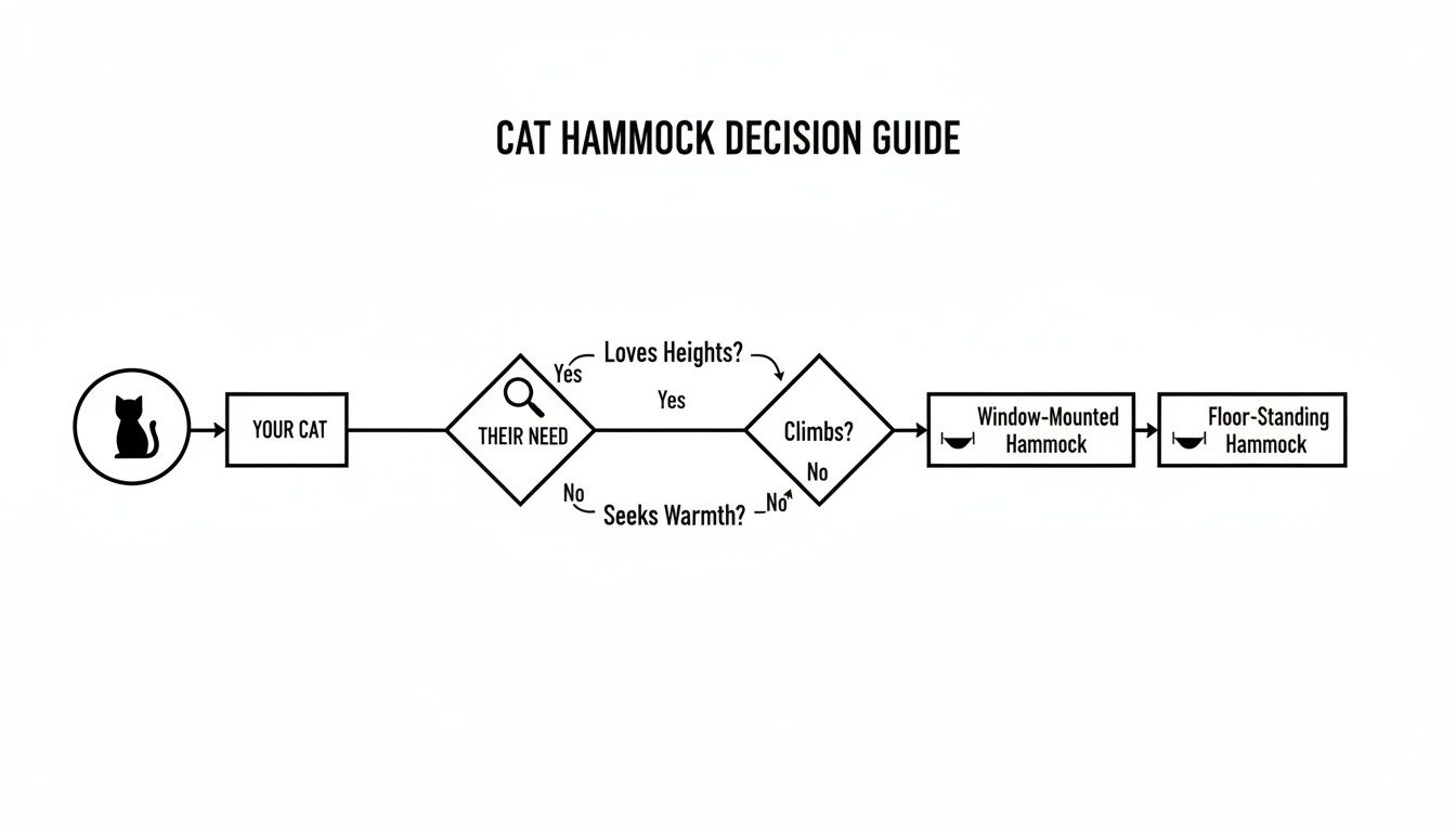 A cat hammock decision guide flowchart helps choose between window-mounted or floor-standing hammocks based on cat's preferences.