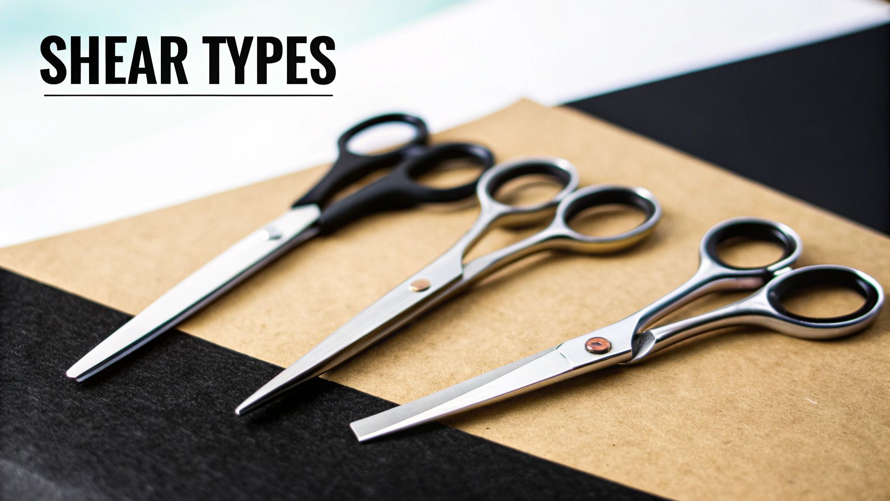 Three pairs of shears or scissors, of different styles, lie on a brown and black surface, with text 'SHEAR TYPES'.