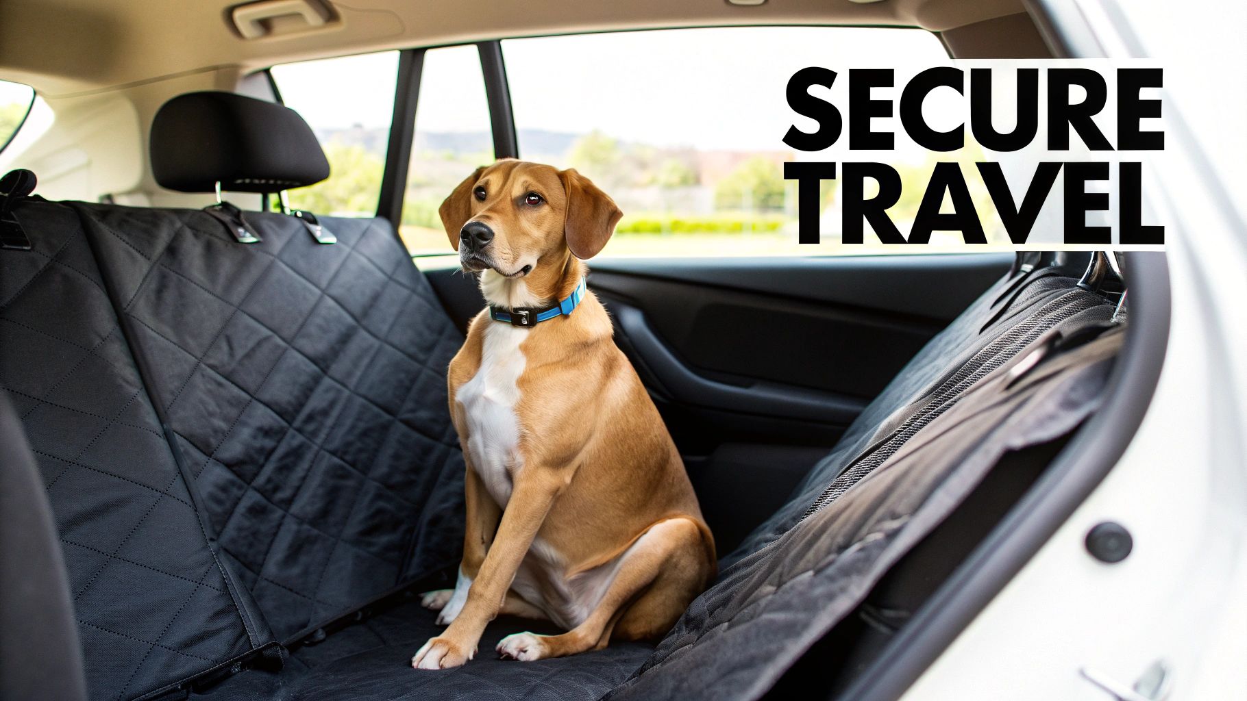 A brown dog sits comfortably and securely in the back seat of a car on a black quilted dog hammock.