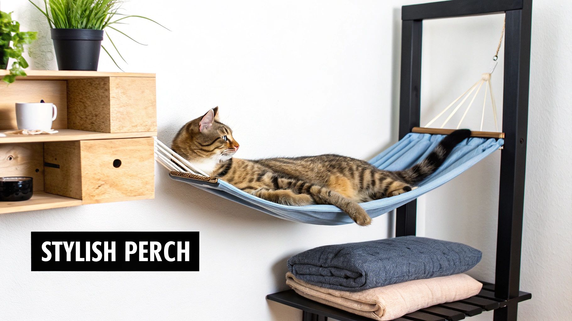 A stylish tabby cat rests comfortably in a blue wall-mounted cat hammock, surrounded by home decor.
