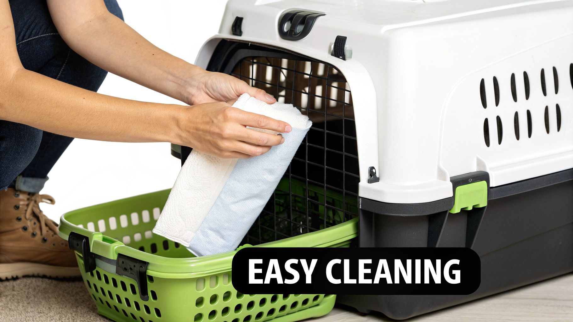Person's hands placing a soft mat into a green base of a white and black pet travel carrier for easy cleaning.