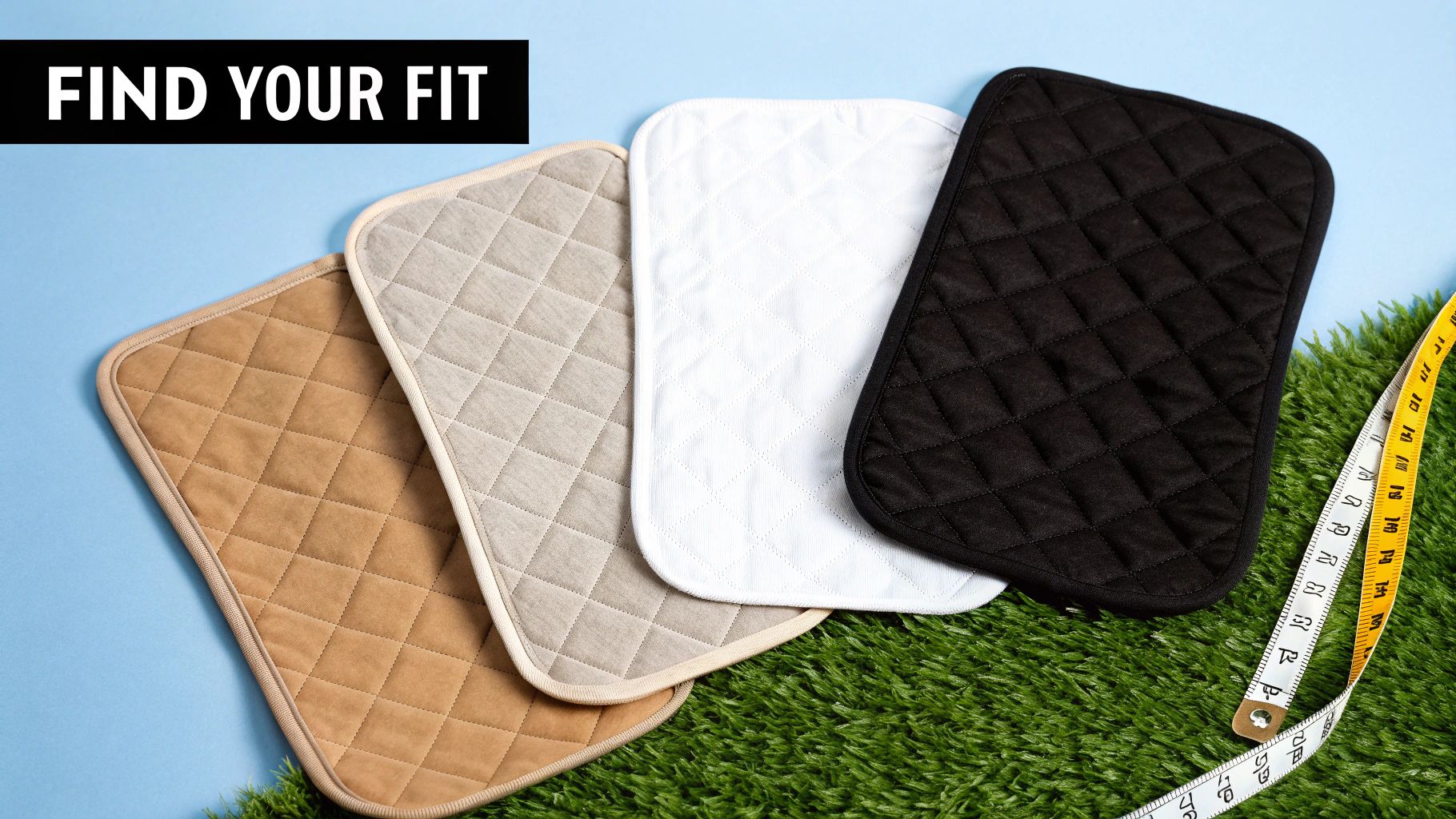 Four quilted, washable dog pee pads in tan, grey, white, and black with a measuring tape.