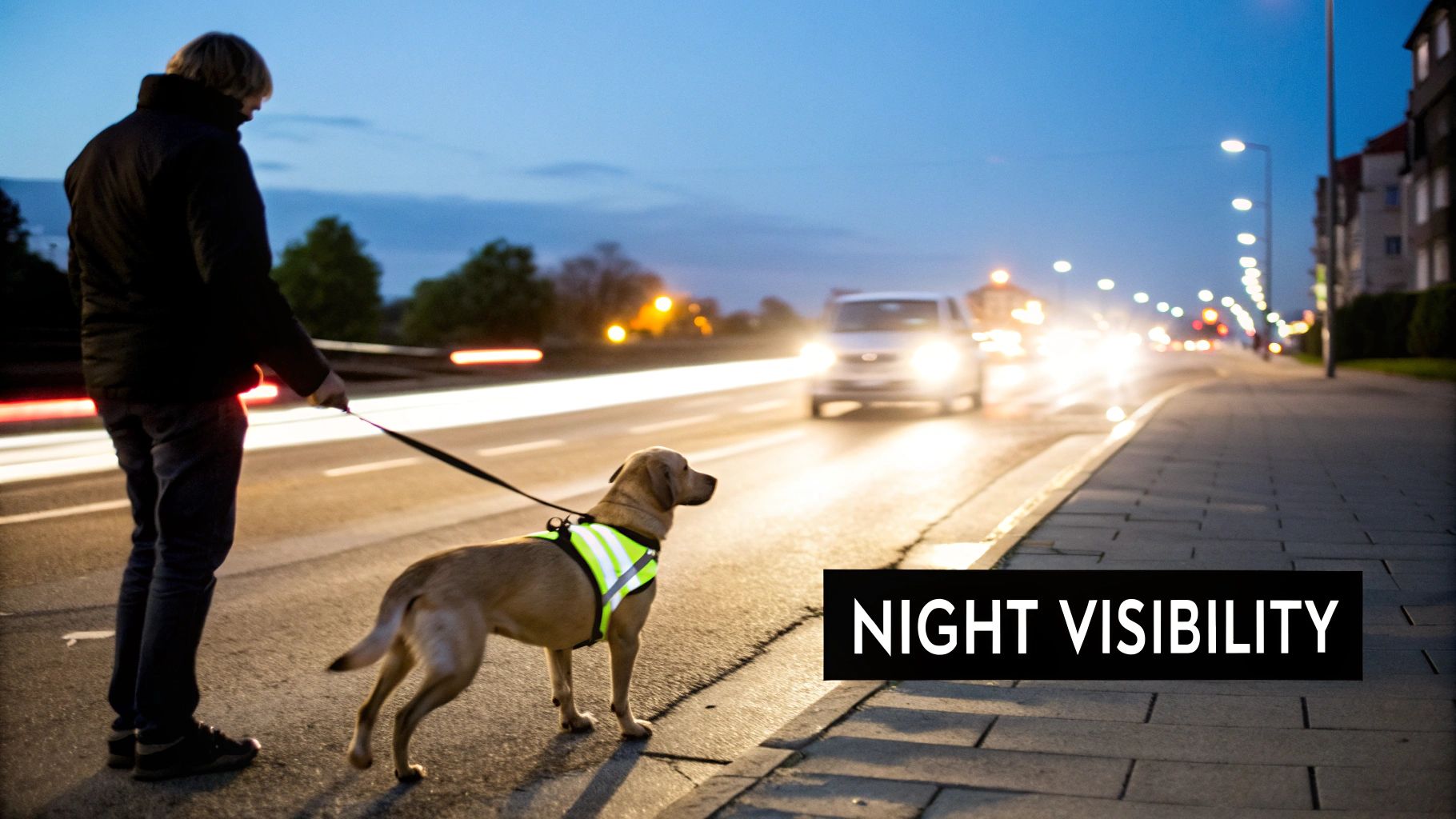 A person walks their dog wearing a reflective vest on a city street at dusk, with car headlights visible.