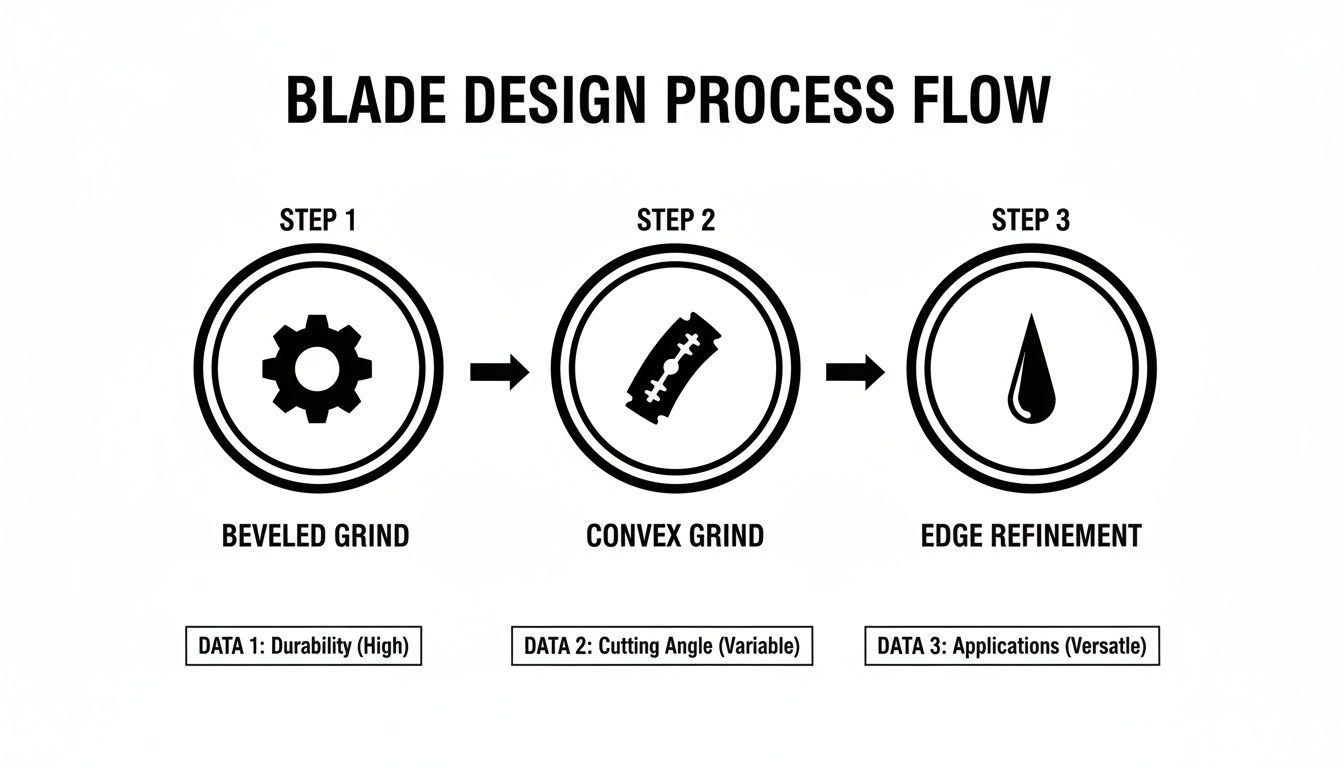 Blade design process flow shows three steps: beveled grind, convex grind, and edge refinement.