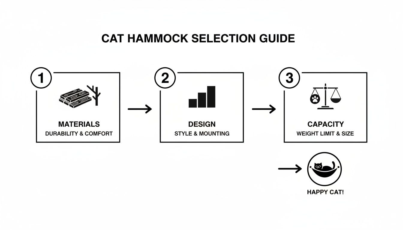 Flowchart guide for selecting a cat hammock, covering materials, design, capacity, and a happy cat result.