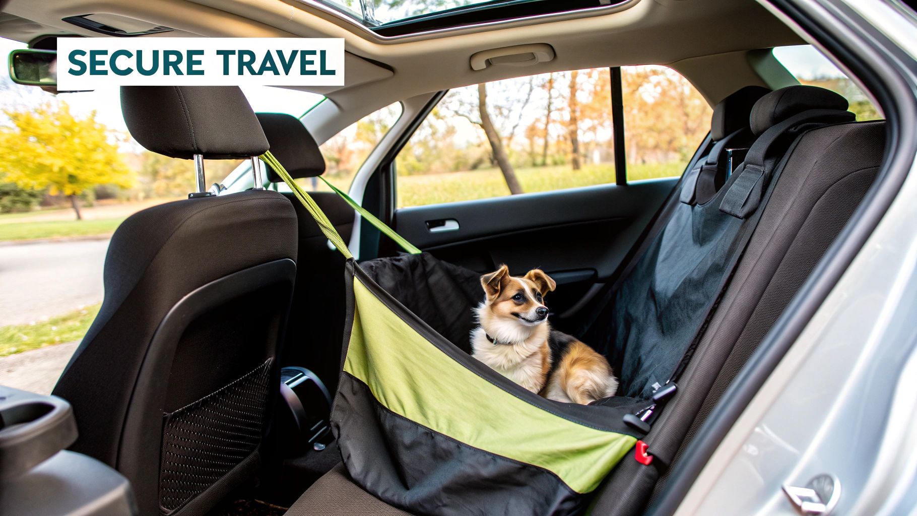 A dog peeking its head over the side of a car pet hammock, looking happy.