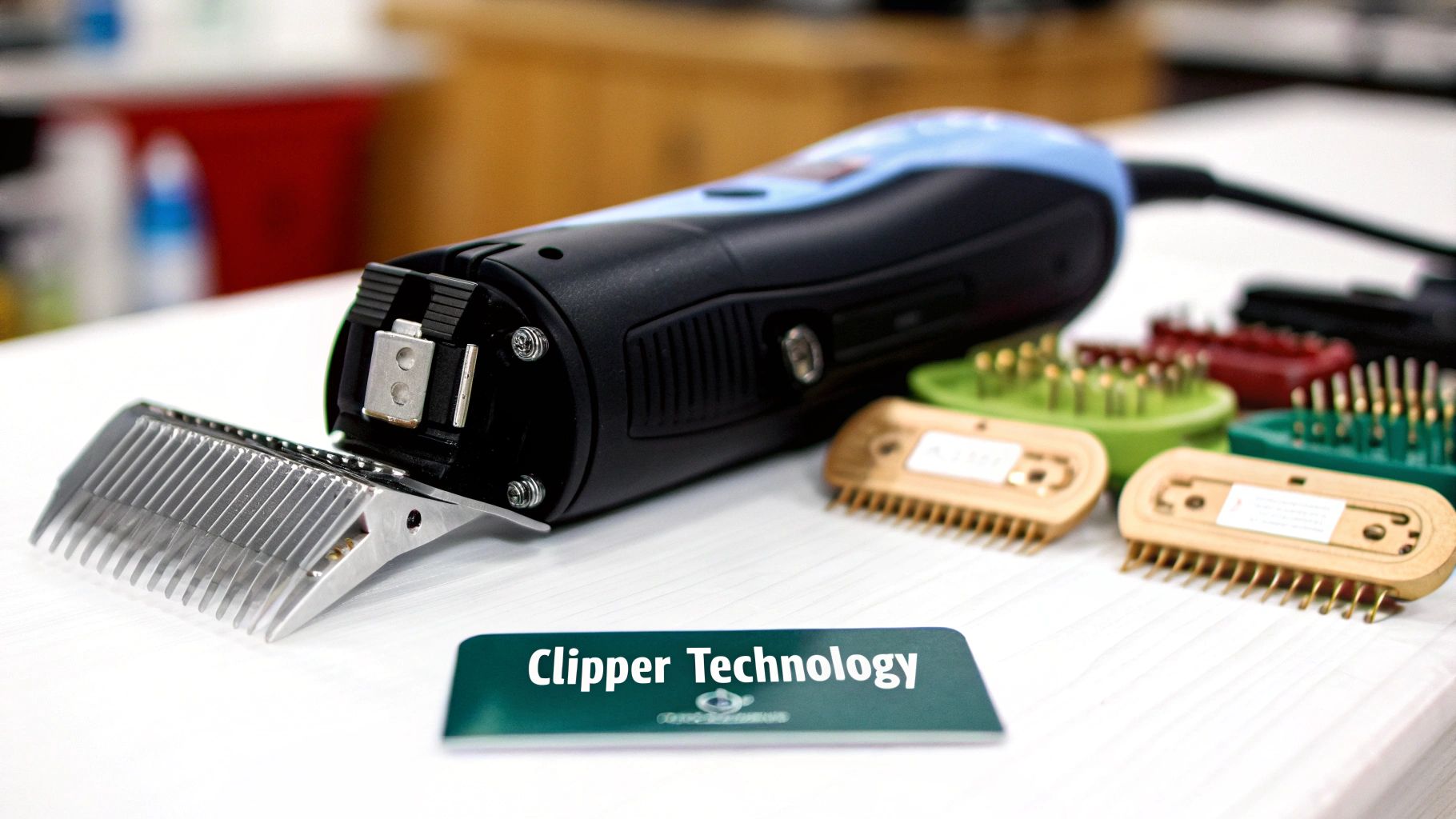 Close-up of a professional pet grooming clipper with various comb attachments on a white surface, showcasing clipper technology.