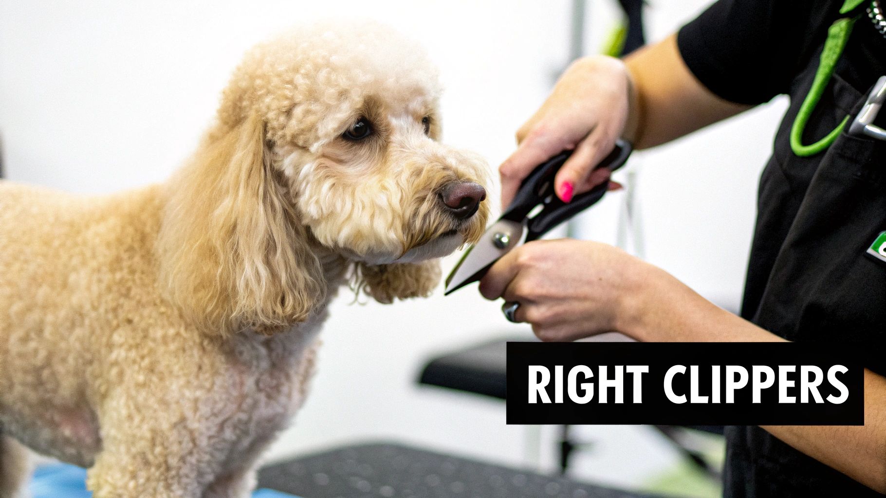 A dog groomer uses scissors to trim the face of a light brown poodle.