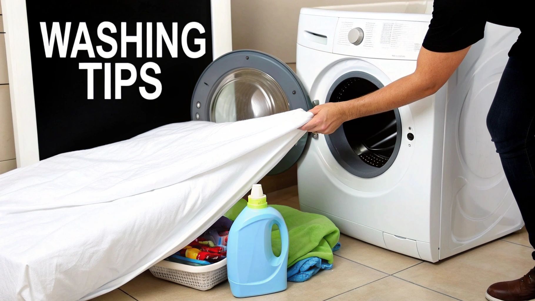 A person loads white laundry into a front-load washing machine, with detergent and a basket of items nearby. A sign reads 'WASHING TIPS'.