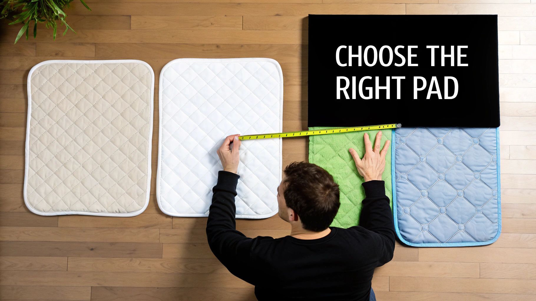Overhead view of a person measuring different colored washable pads on a wooden floor.