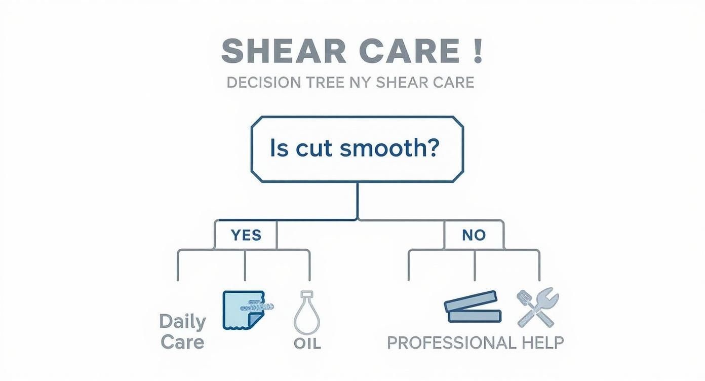 A decision tree diagram for shear care, asking 'Is cut smooth?' and guiding to daily care, oil, or professional help.