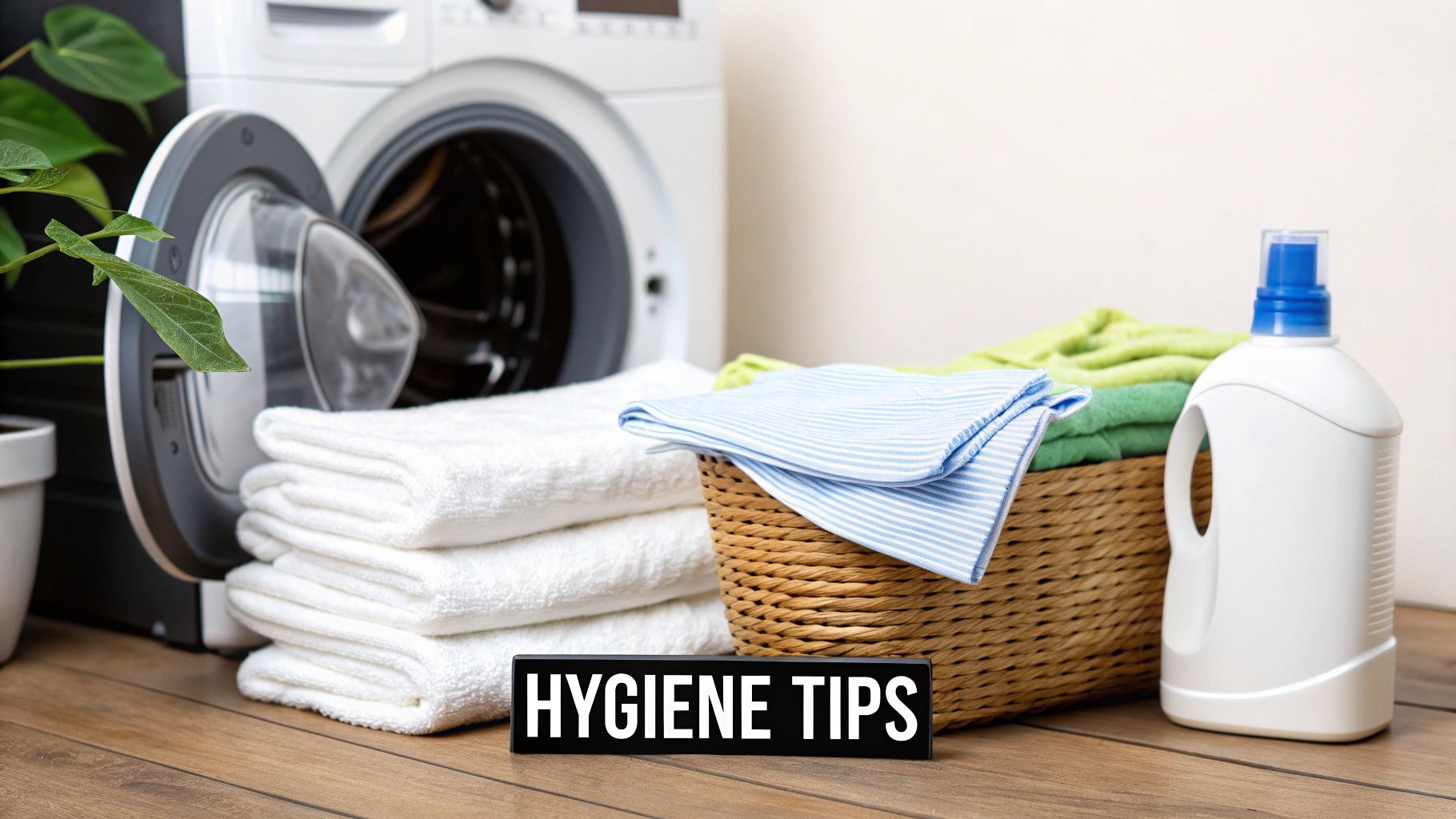 Laundry scene with an open washing machine, stacked towels, a basket of clothes, detergent, and 'Hygiene Tips' sign.