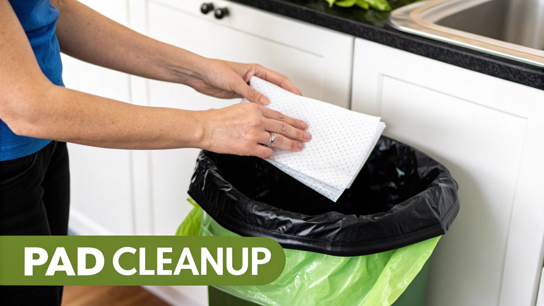 A person cleaning a dog pee pad area.