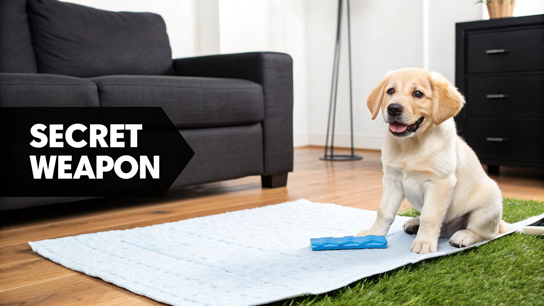 A golden retriever puppy sits on a blue pee pad next to a couch, with a toy.