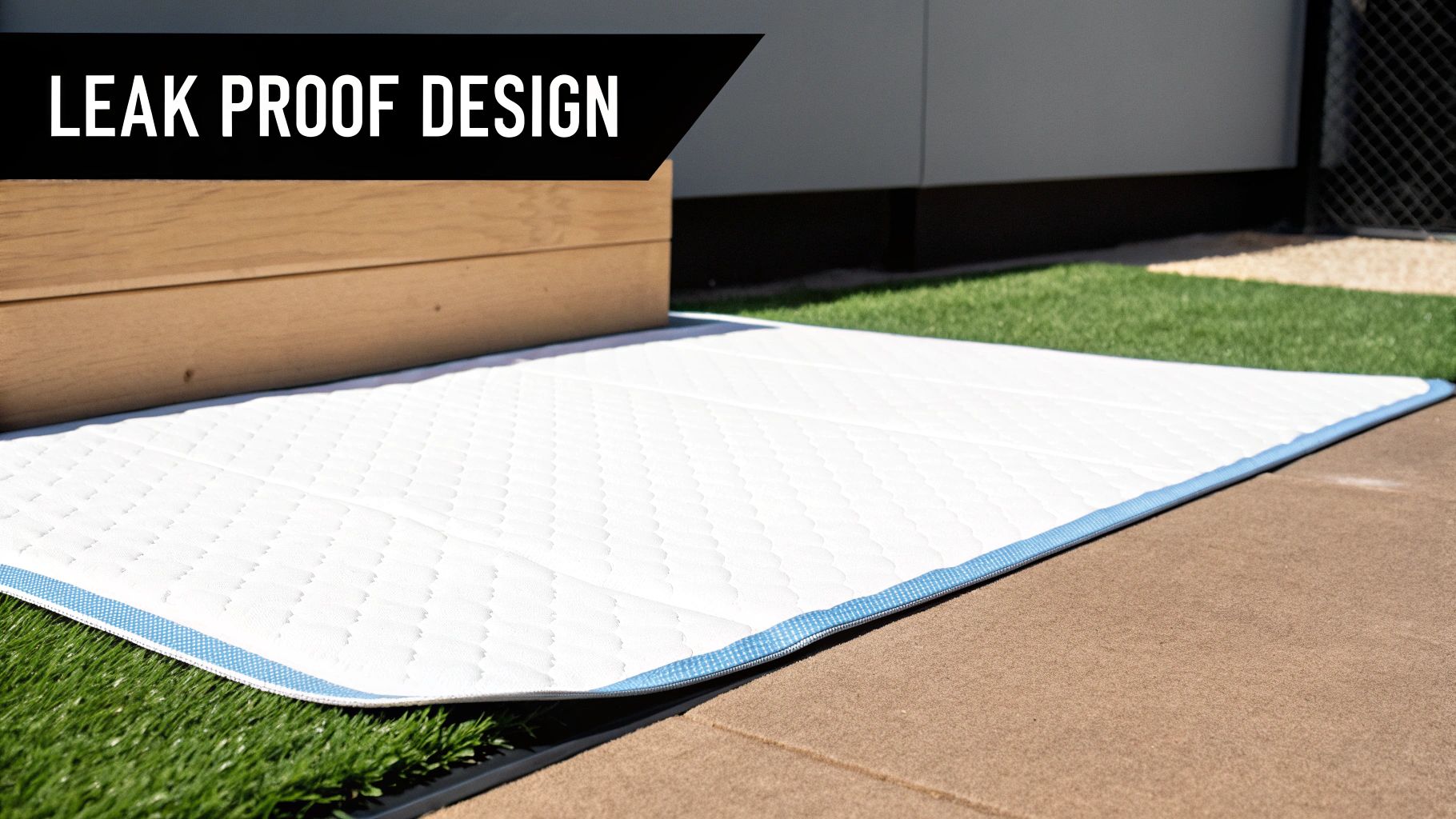 Leak-proof white quilted pee pad for large dogs with blue trim on artificial grass.