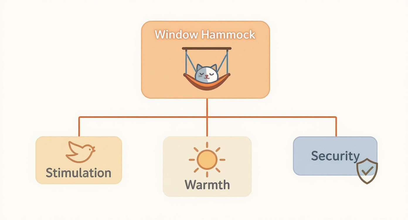 A diagram illustrates the benefits of a window hammock for cats: stimulation, warmth, and security.