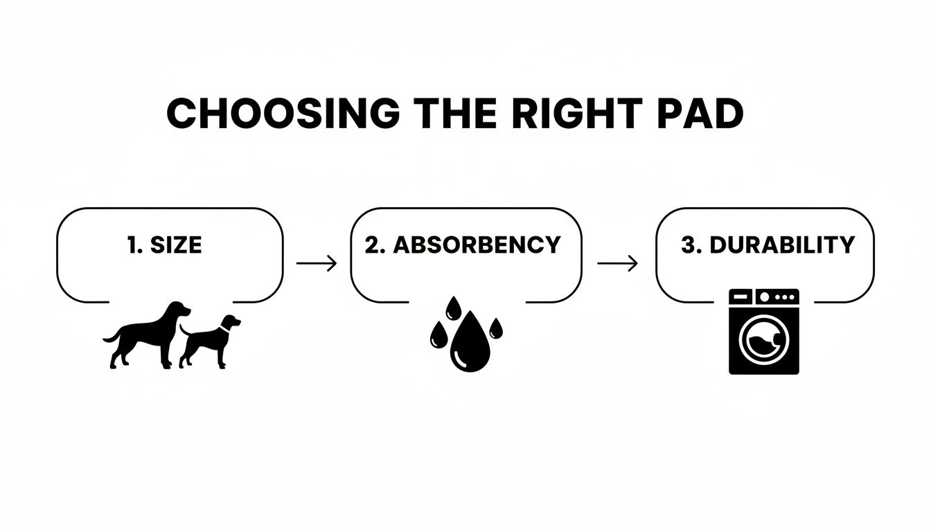 A diagram explaining how to choose the right pad, considering size, absorbency, and durability, with icons.