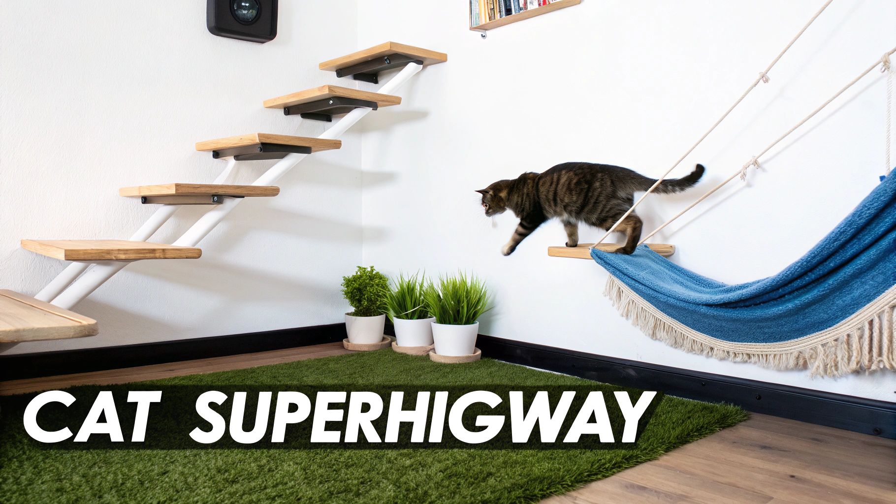 A tabby cat walks on wooden wall steps towards a blue hammock, part of a cat superhighway.