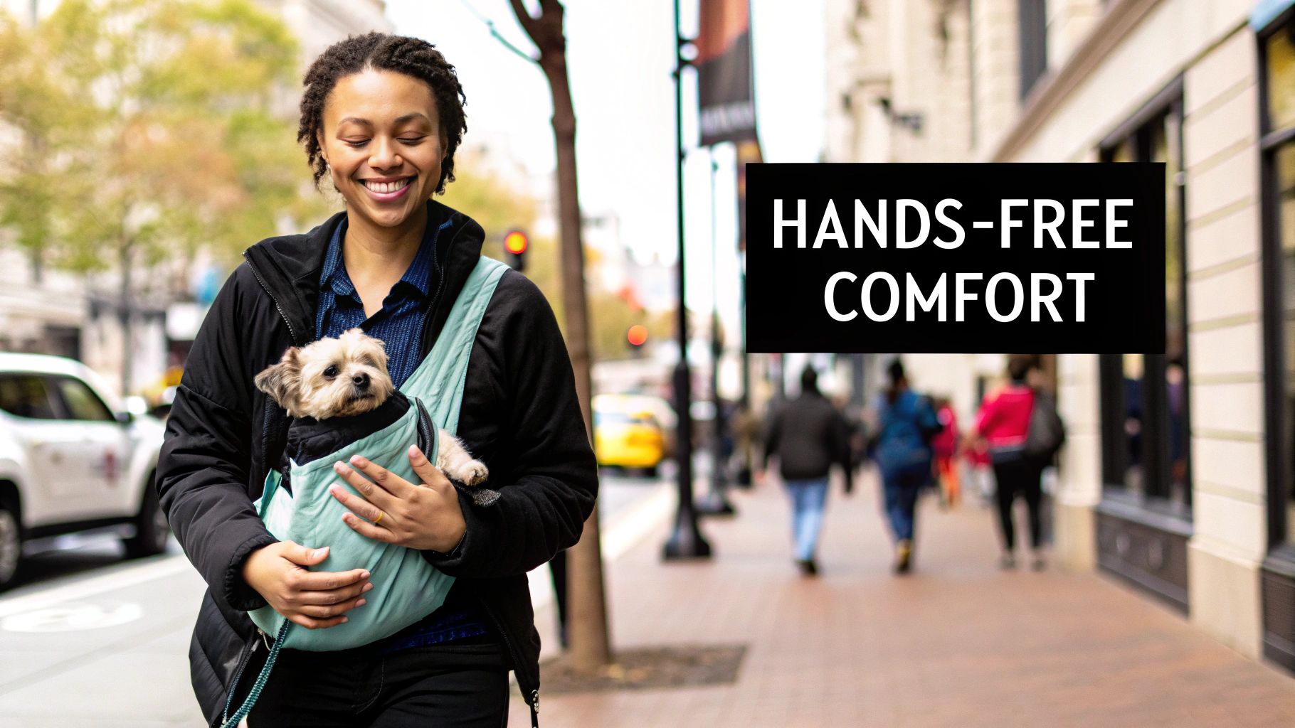 A smiling person carries a small dog in a mint green hands-free sling carrier while walking on a city street.