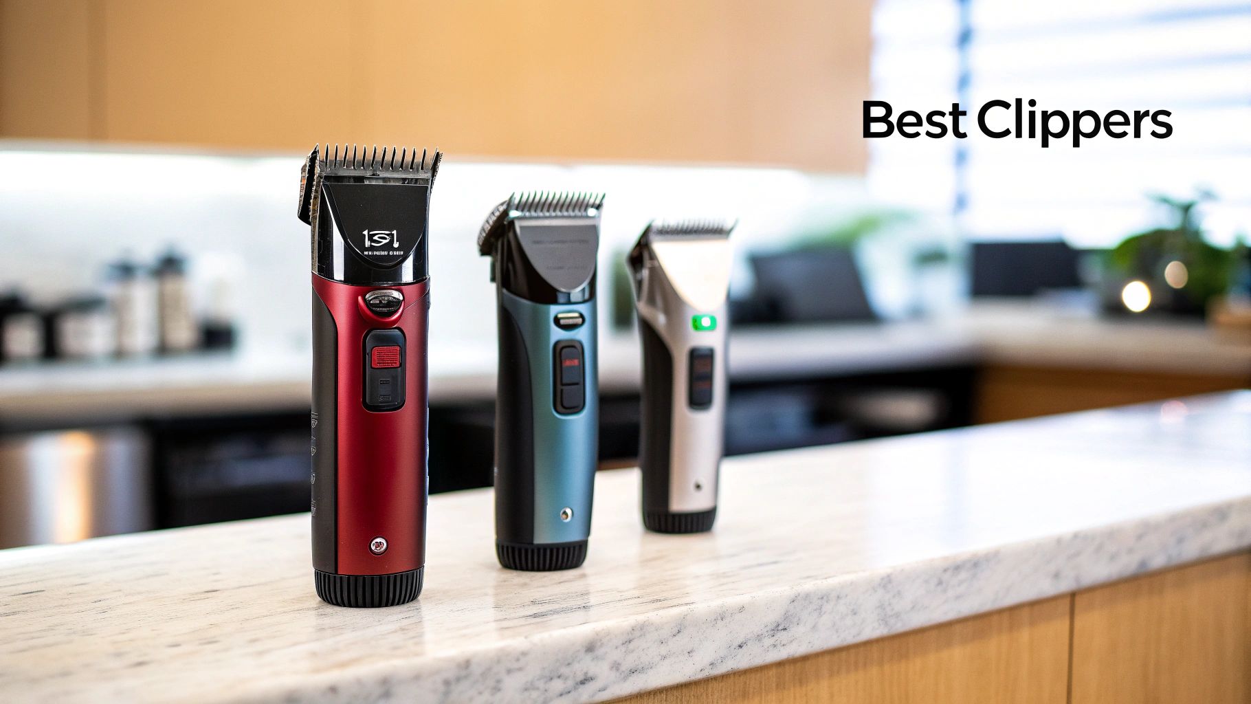 Three professional hair clippers, red, blue, and silver, displayed on a stone counter.