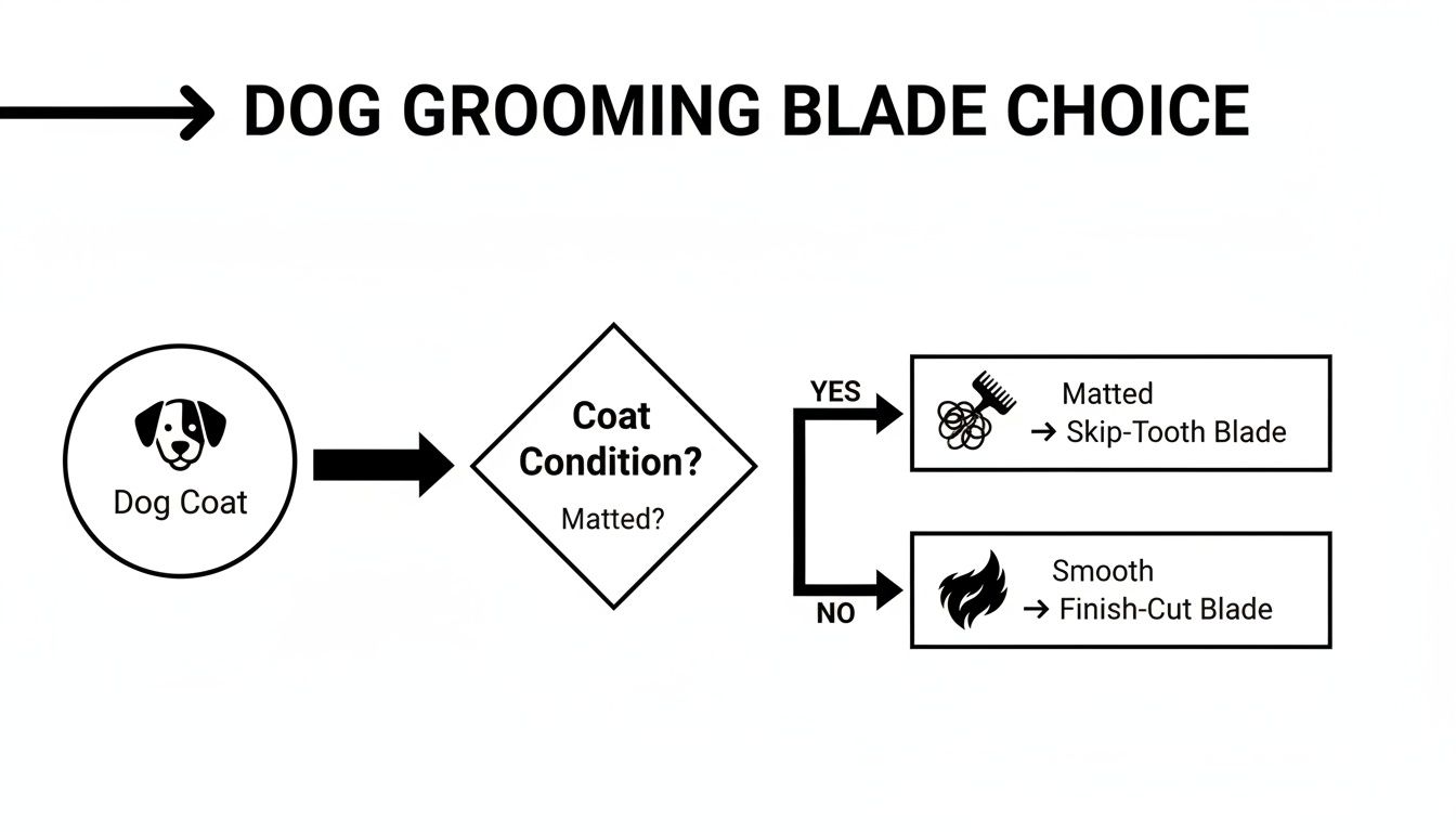 Flowchart illustrating dog grooming blade choice based on whether the coat is matted or smooth.