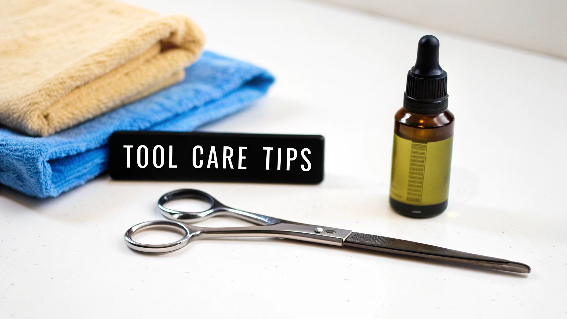 A pair of high-quality grooming scissors resting on a clean towel next to a small bottle of oil