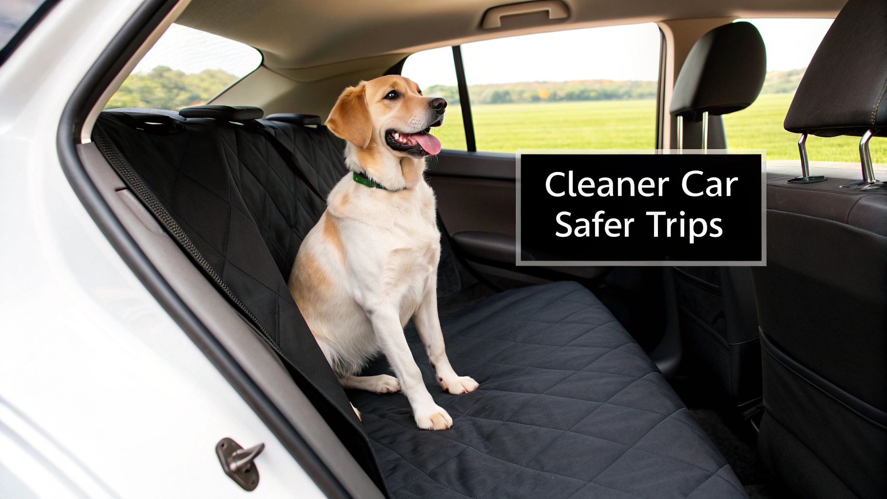 A golden retriever sitting comfortably in a pet car hammock seat cover in the back of a car