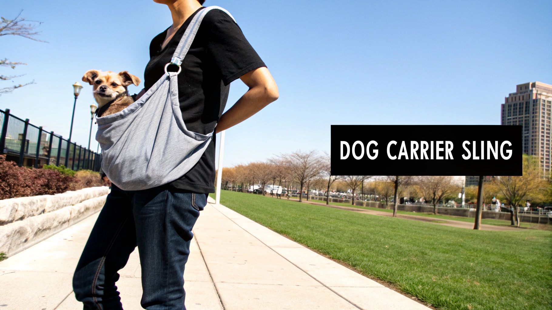 A person walks outdoors, carrying a small brown dog in a light gray dog carrier sling.