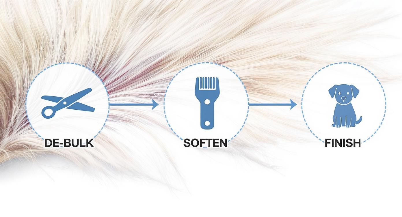Infographic showing three steps of dog grooming: de-bulk with shears, soften with a comb, and finish with a groomed dog.