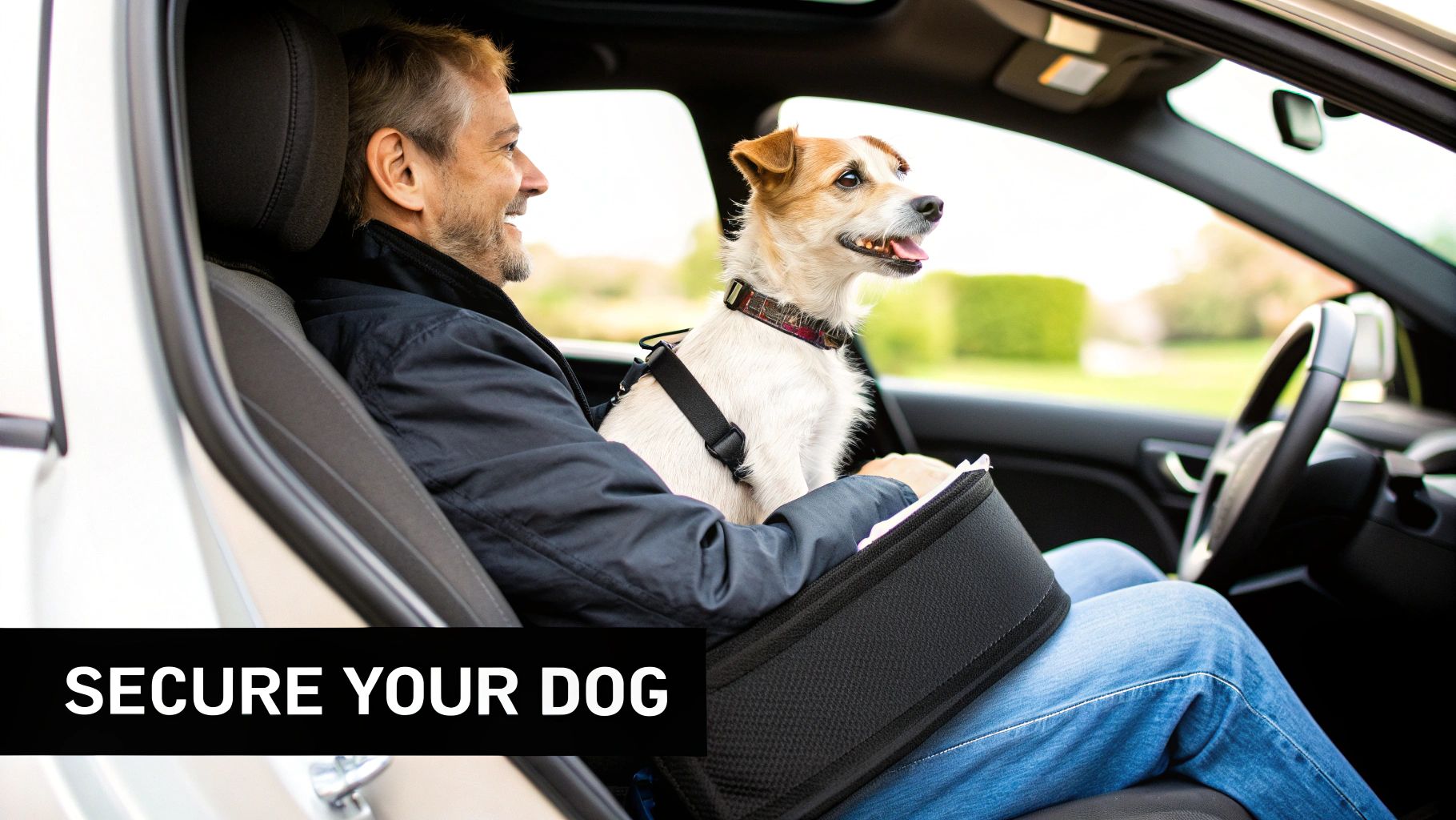 A smiling man drives with his happy dog safely secured in a car booster seat.