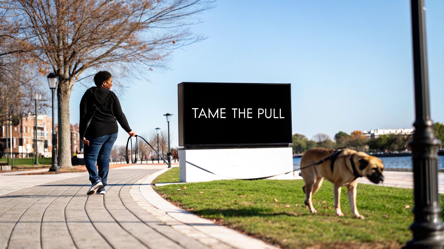 A woman walks a large dog on a leash past a digital sign displaying "TAME THE PULL".