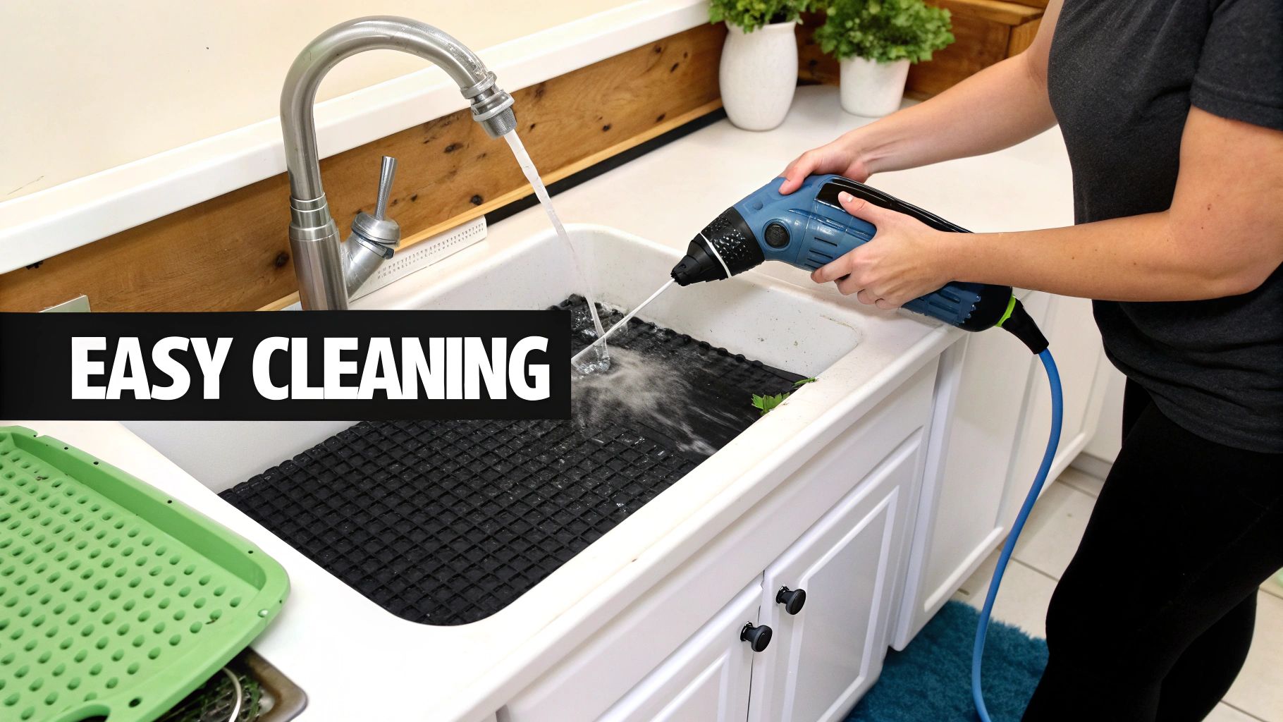 A person efficiently cleaning a kitchen sink and black mat with a handheld high-pressure spray tool.