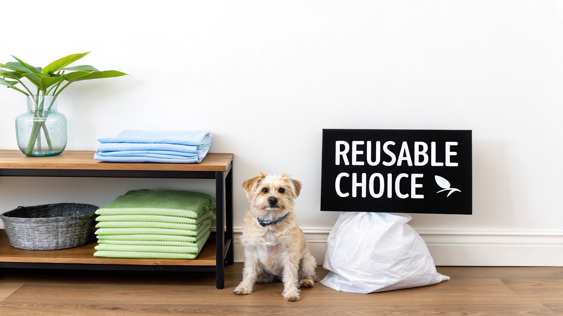 A dog sits next to a shelf with blue and green washable pads, a plant, and a 'REUSABLE CHOICE' sign.
