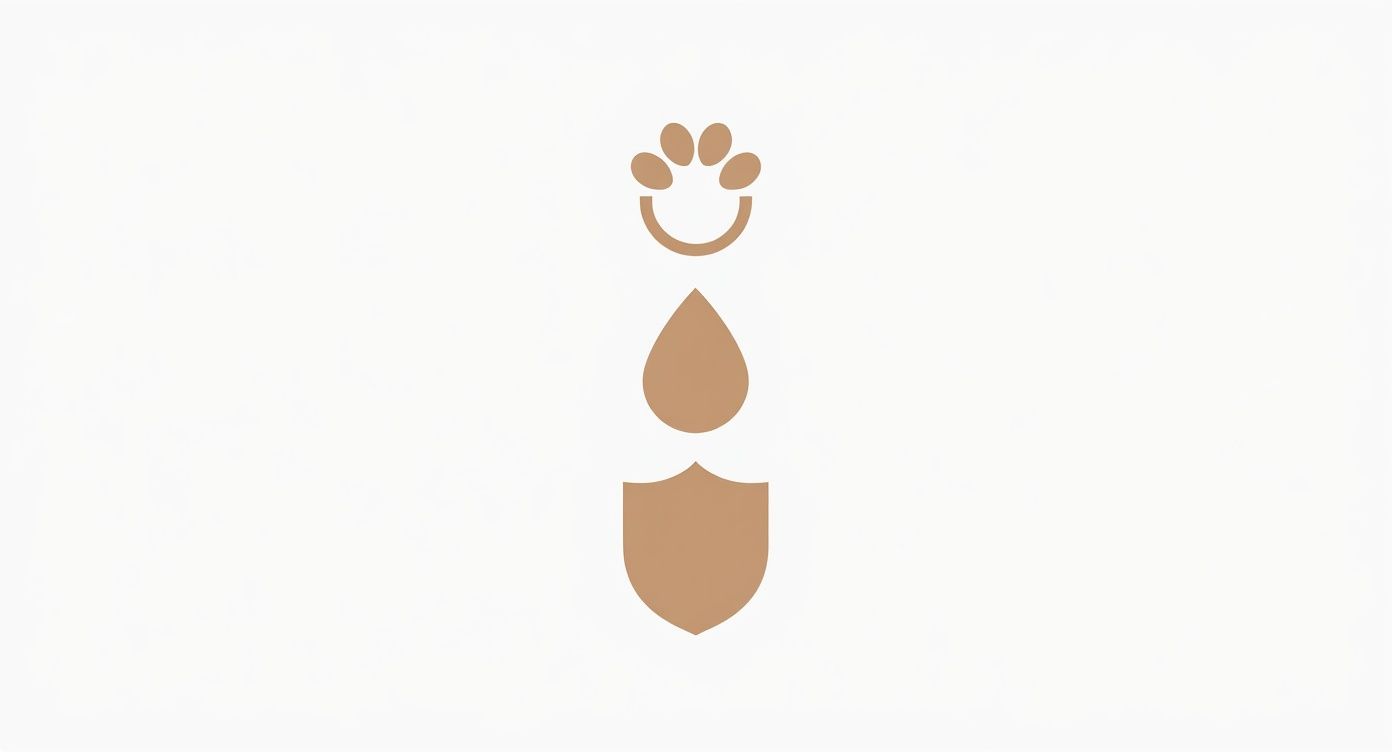 Minimalist logo featuring a paw print, water drop, and shield design on a white background.