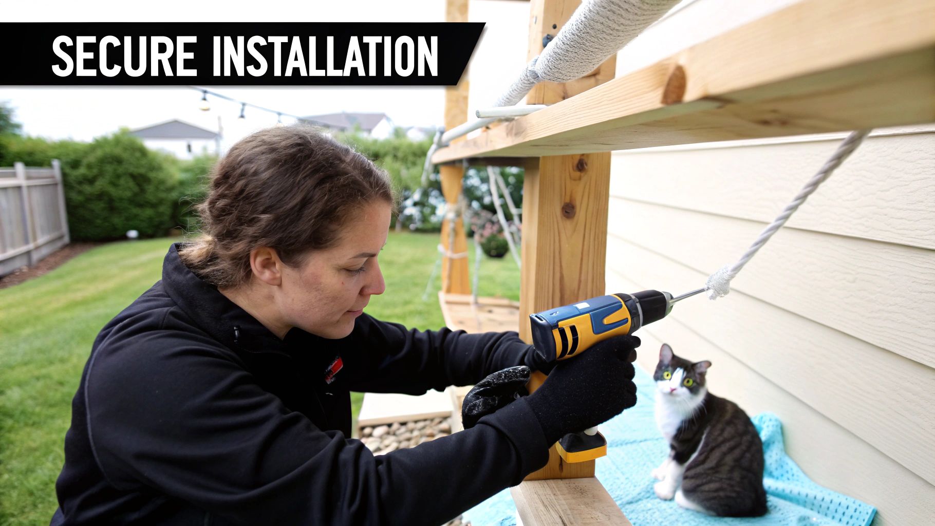 A person safely installing a window-mounted cat hammock bed.