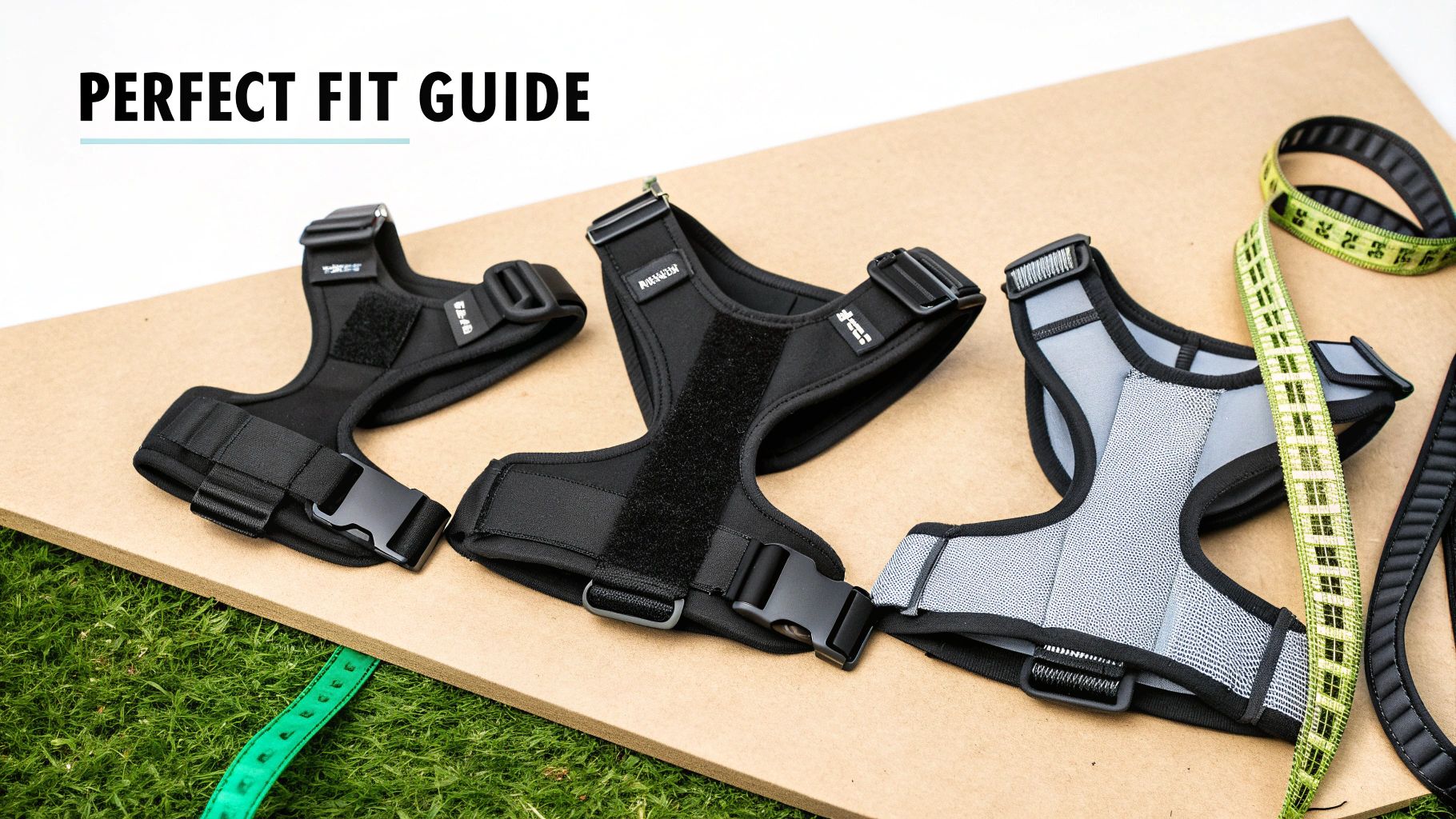 A person adjusting a no pulling dog harness on a golden retriever.